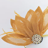 Golden ochre yellow feather petal fan fascinator hat - House of Hats