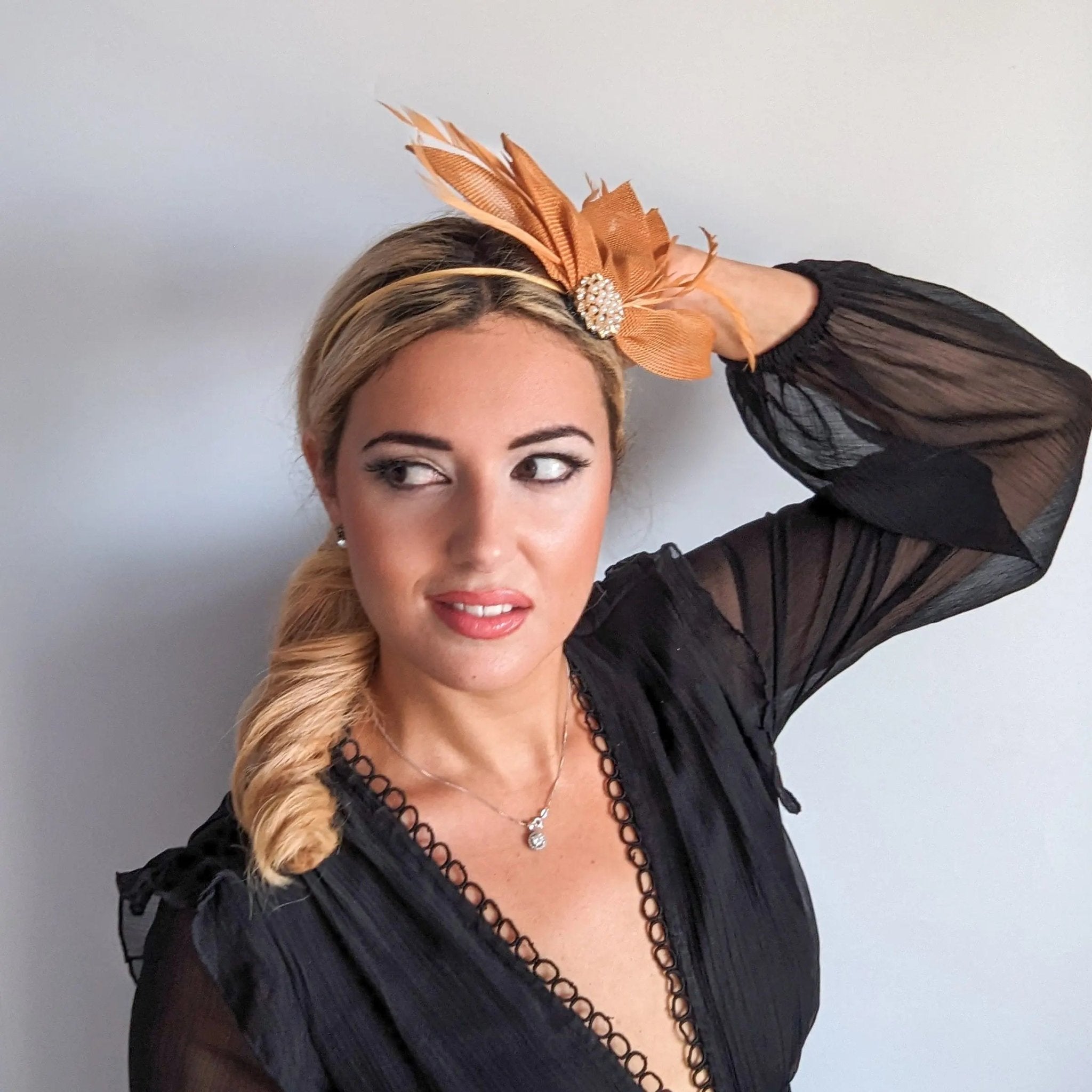 Golden ochre yellow feather petal fan fascinator hat - House of Hats