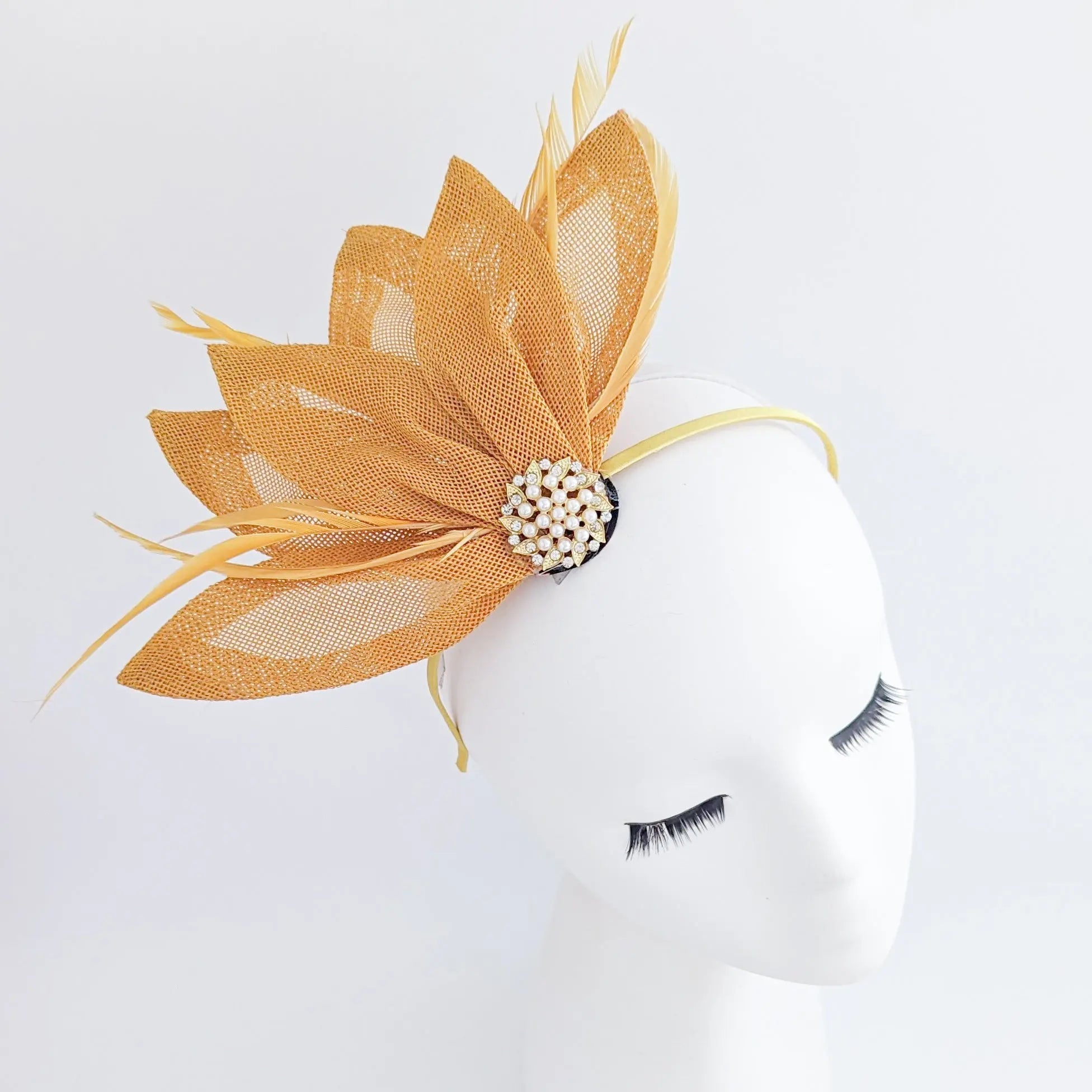 Golden ochre yellow feather petal fan fascinator hat - House of Hats
