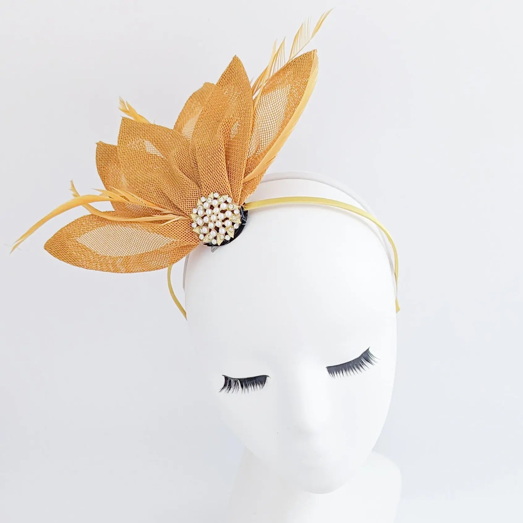 Golden ochre yellow feather petal fan fascinator hat - House of Hats