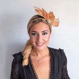 Golden ochre yellow feather petal fan fascinator hat - House of Hats