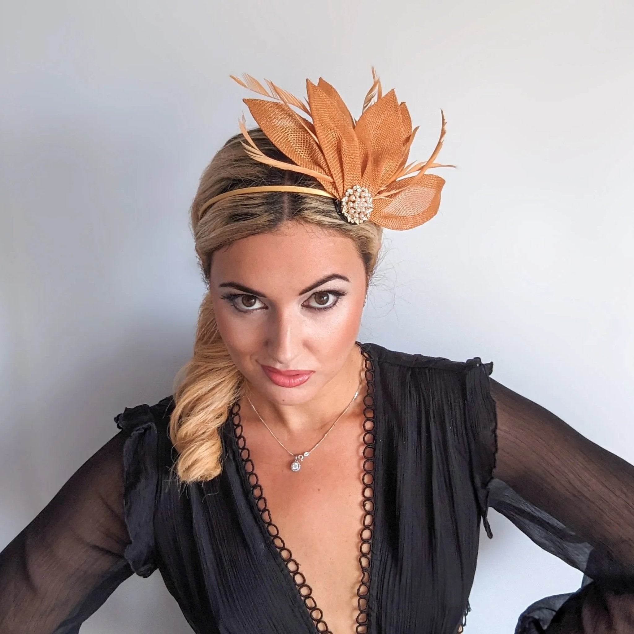 Golden ochre yellow feather petal fan fascinator hat - House of Hats