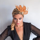 Golden ochre yellow feather petal fan fascinator hat - House of Hats