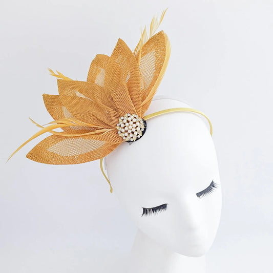 Golden ochre yellow feather petal fan fascinator hat - House of Hats
