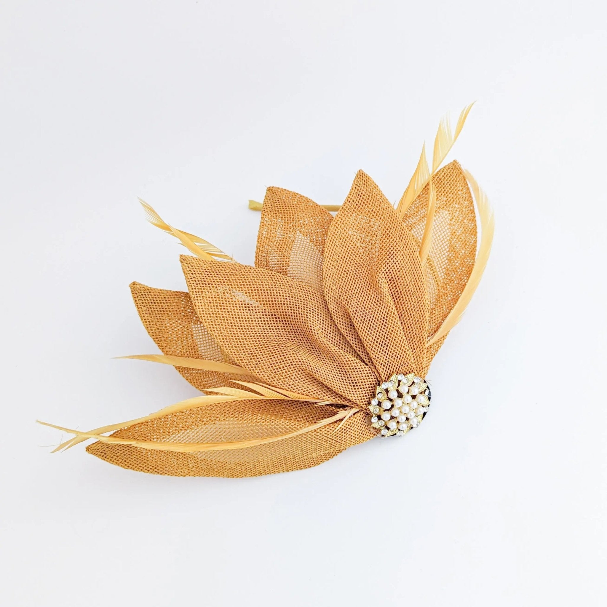 Golden ochre yellow feather petal fan fascinator hat - House of Hats