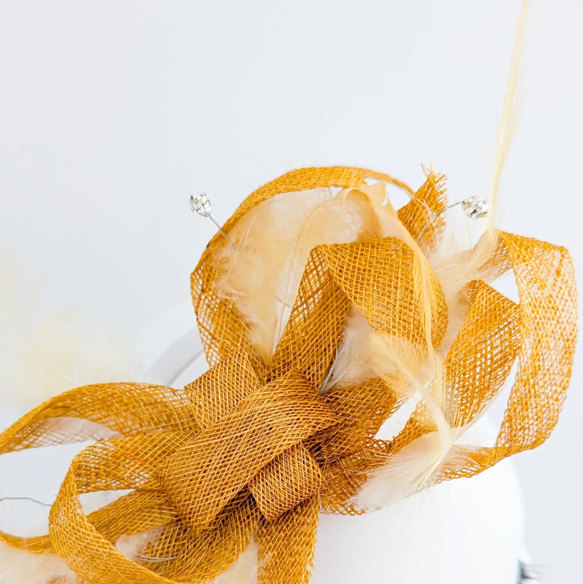 Golden yellow crystal feather fascinator hat - House of Hats