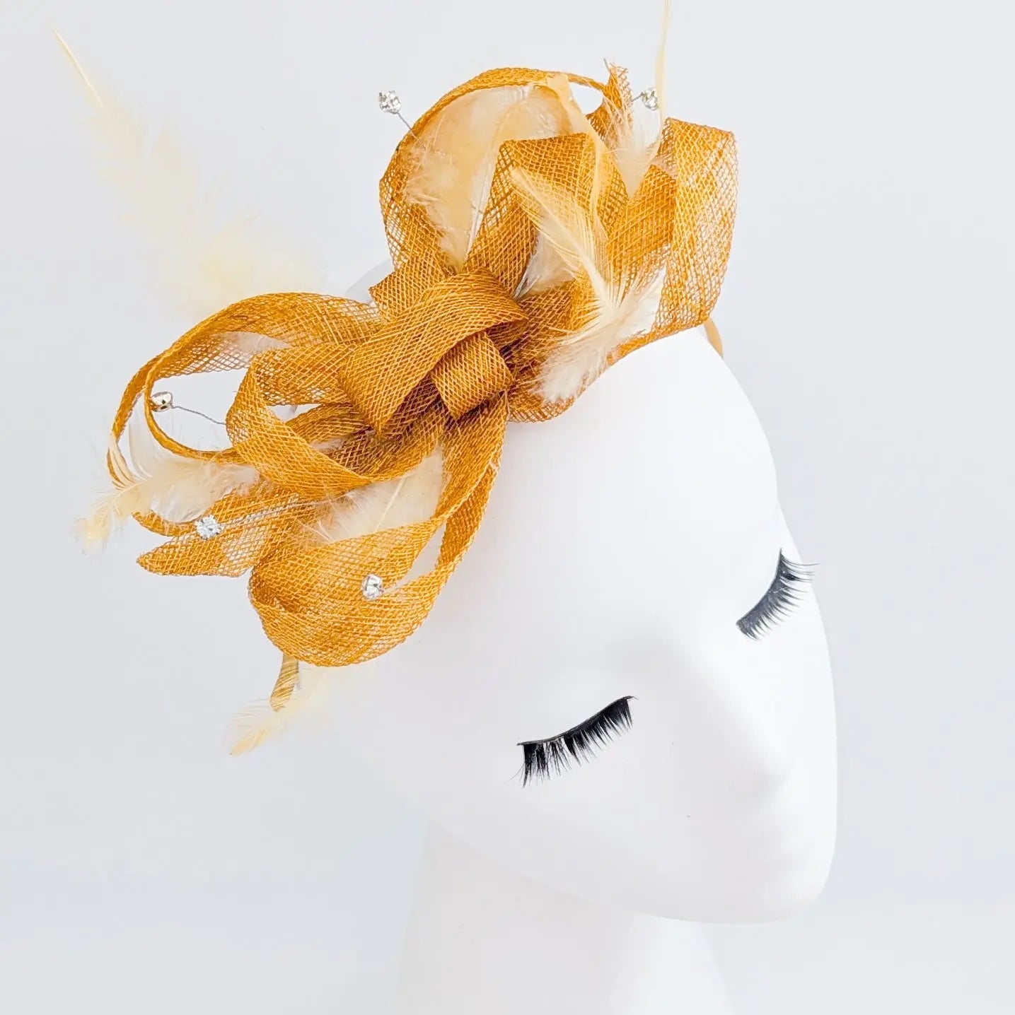 Golden yellow crystal feather fascinator hat - House of Hats