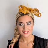 Golden yellow crystal feather fascinator hat - House of Hats