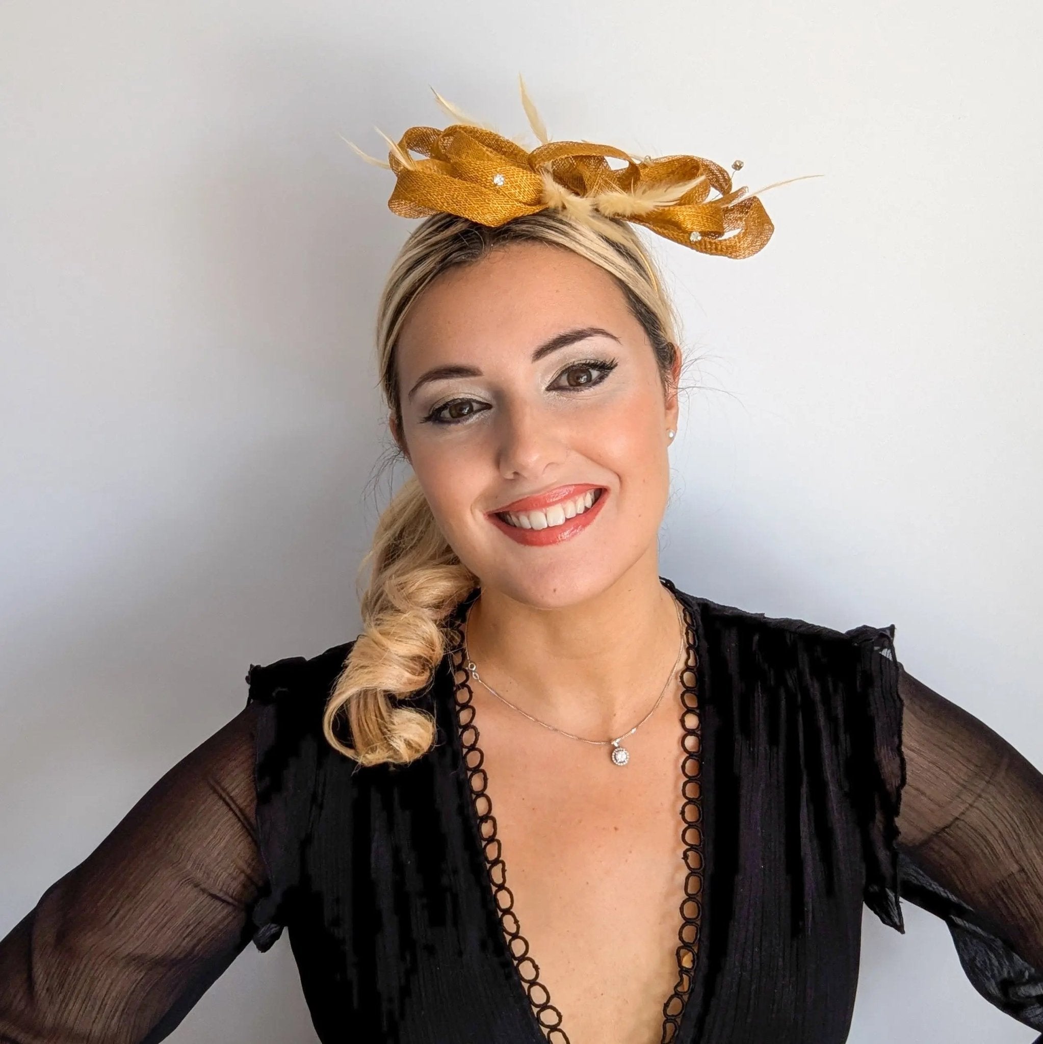 Golden yellow crystal feather fascinator hat - House of Hats