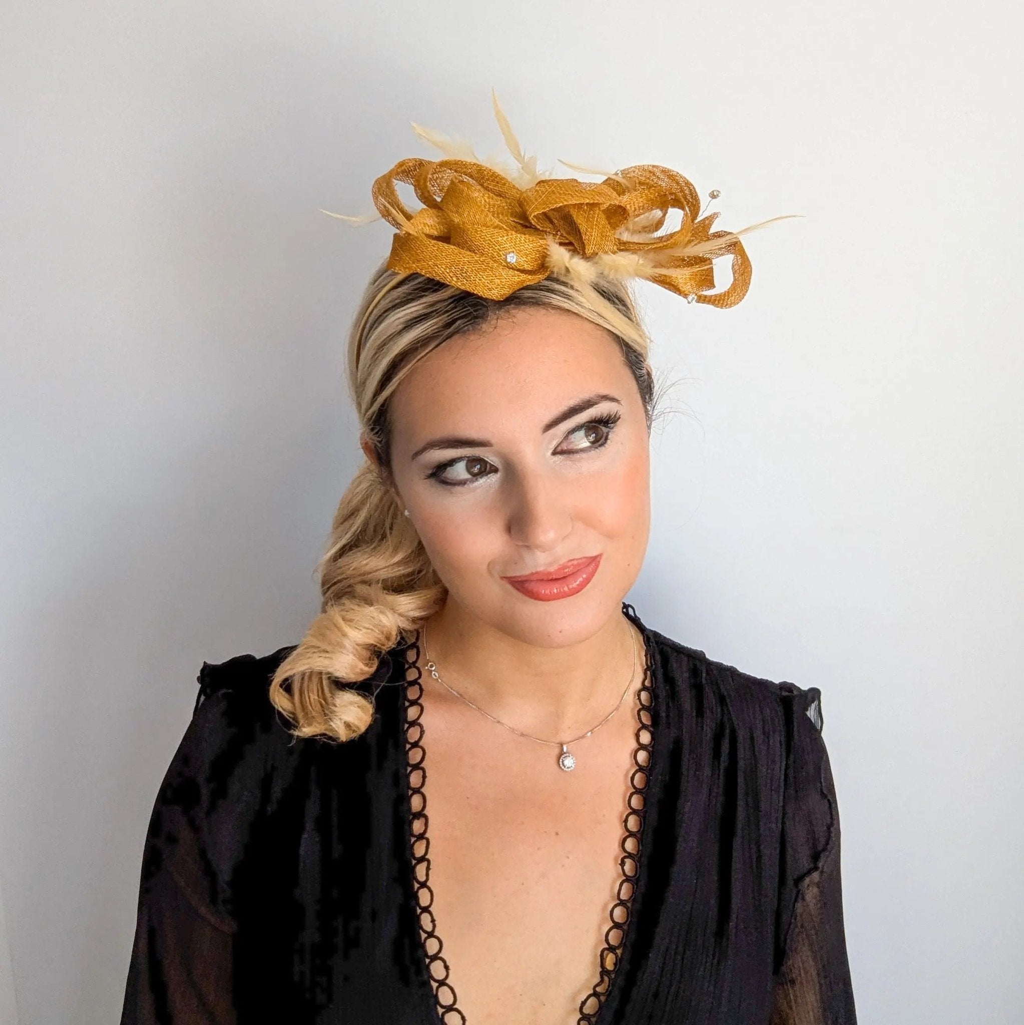 Golden yellow crystal feather fascinator hat - House of Hats