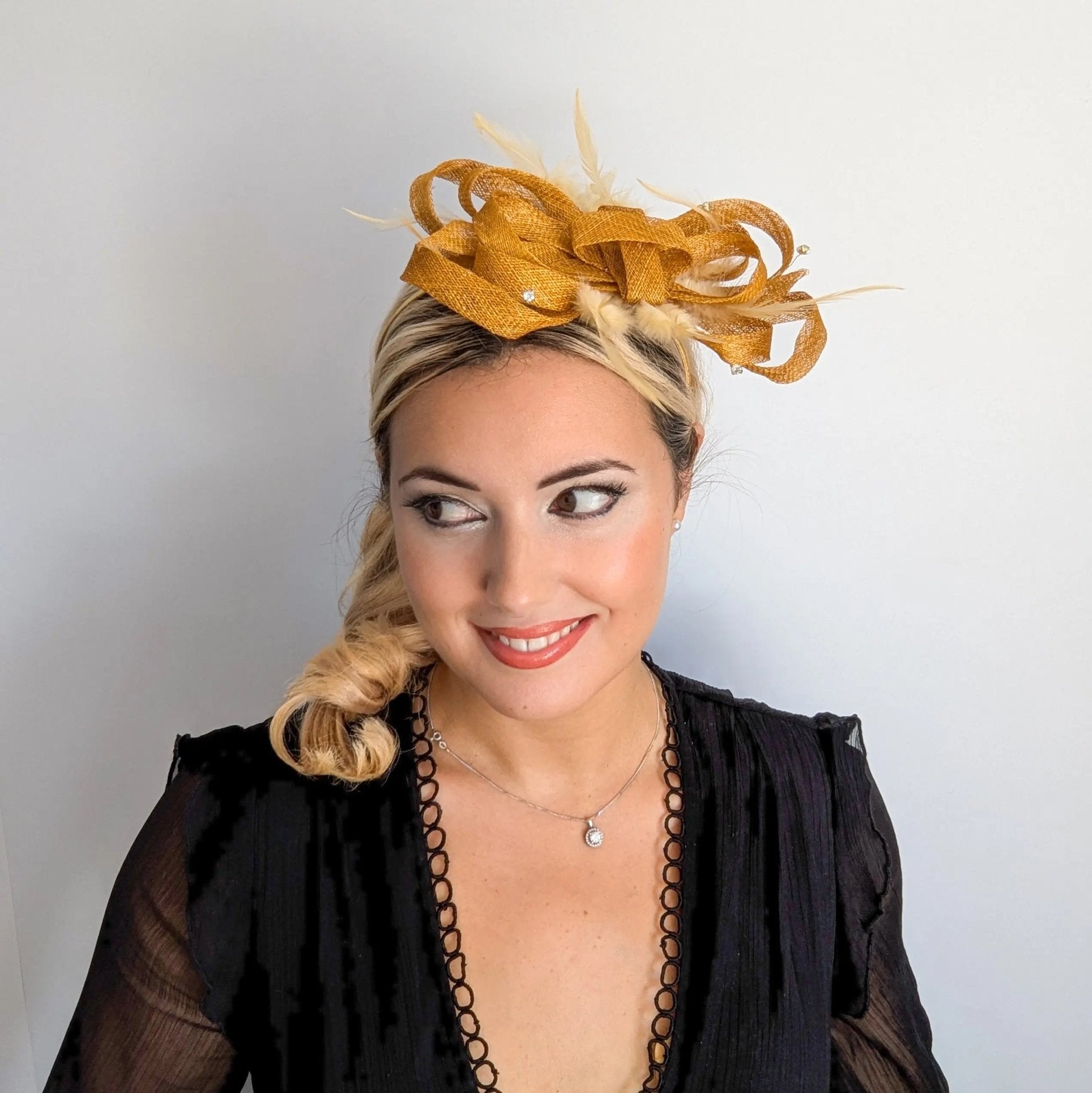 Golden yellow crystal feather fascinator hat - House of Hats
