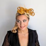 Golden yellow crystal feather fascinator hat - House of Hats