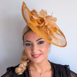 Golden yellow feather large teardrop fascinator hat - House of Hats