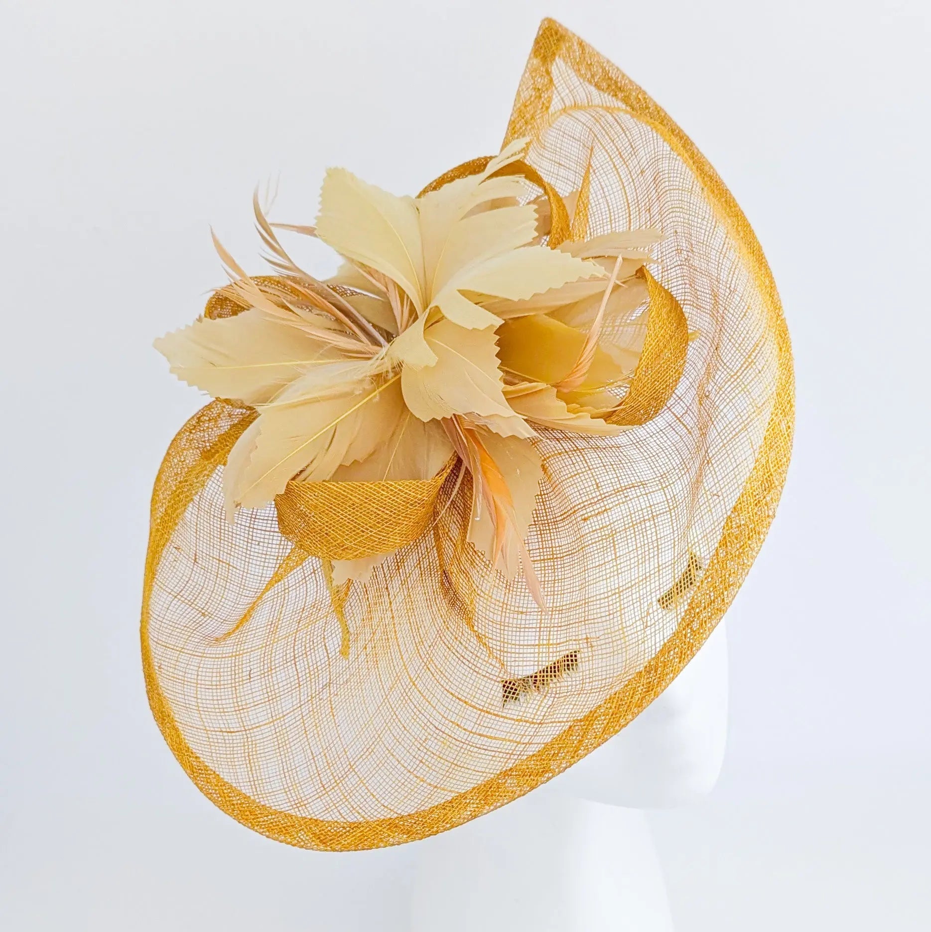 Golden yellow feather large teardrop fascinator hat - House of Hats