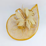Golden yellow feather large teardrop fascinator hat - House of Hats