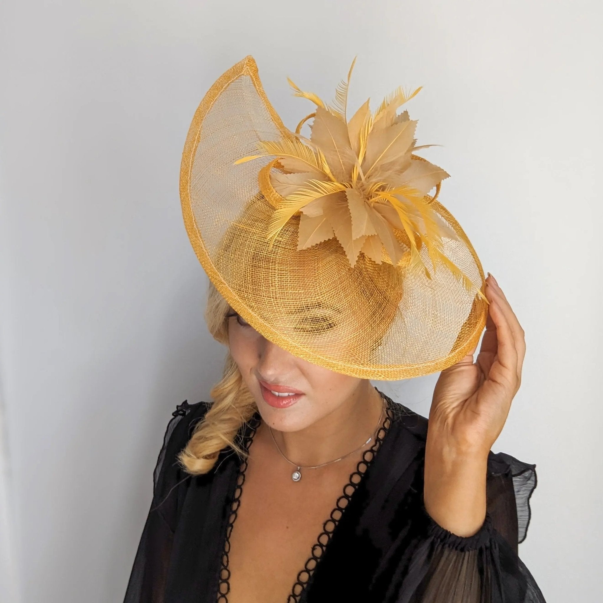 Golden yellow feather large teardrop fascinator hat - House of Hats
