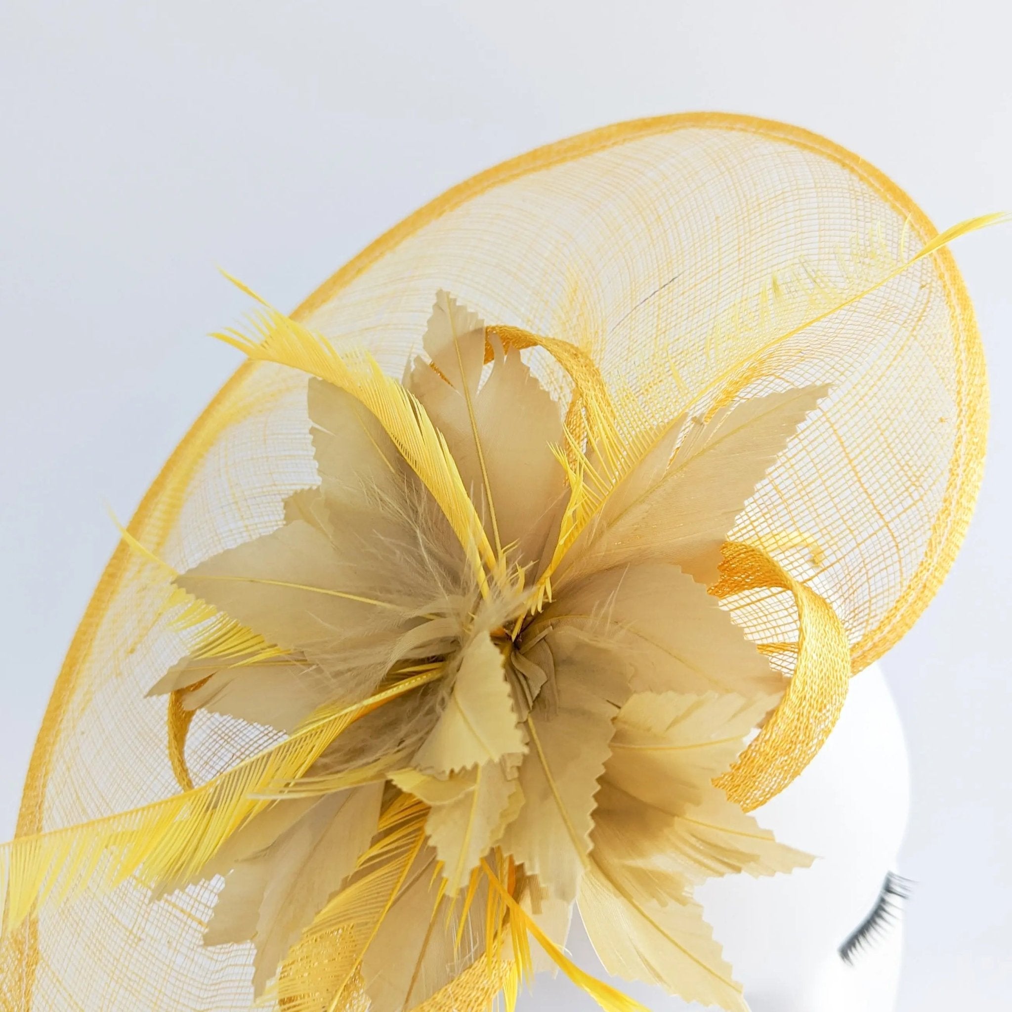 Golden yellow feather large teardrop fascinator hat - House of Hats
