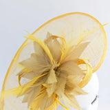 Golden yellow feather large teardrop fascinator hat - House of Hats