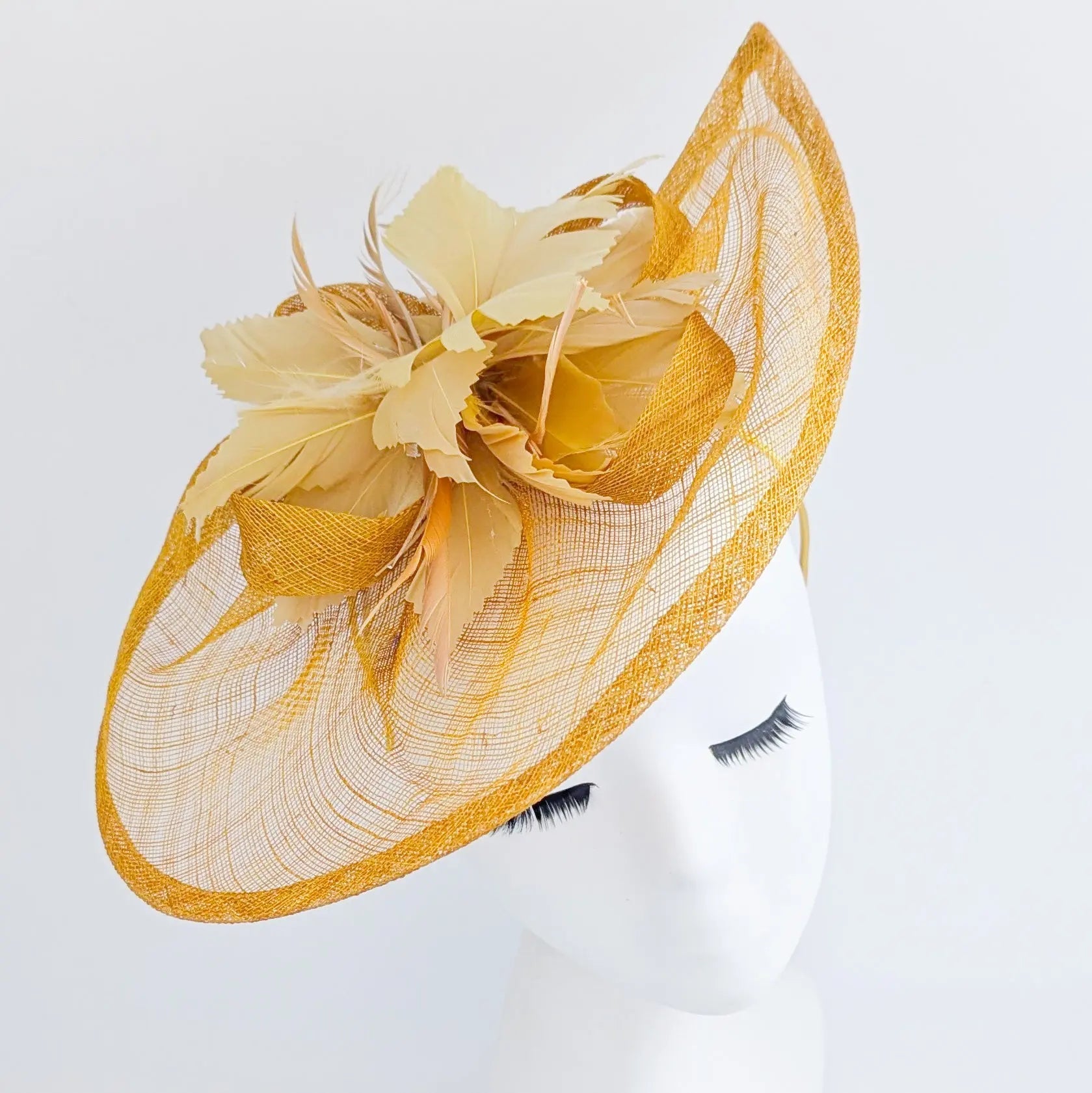 Golden yellow feather large teardrop fascinator hat - House of Hats