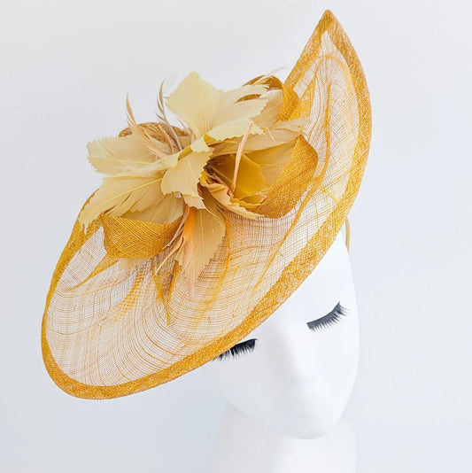 Golden yellow feather large teardrop fascinator hat - House of Hats