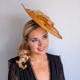 Golden yellow feather large teardrop fascinator hat - House of Hats