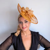Golden yellow feather large teardrop fascinator hat - House of Hats
