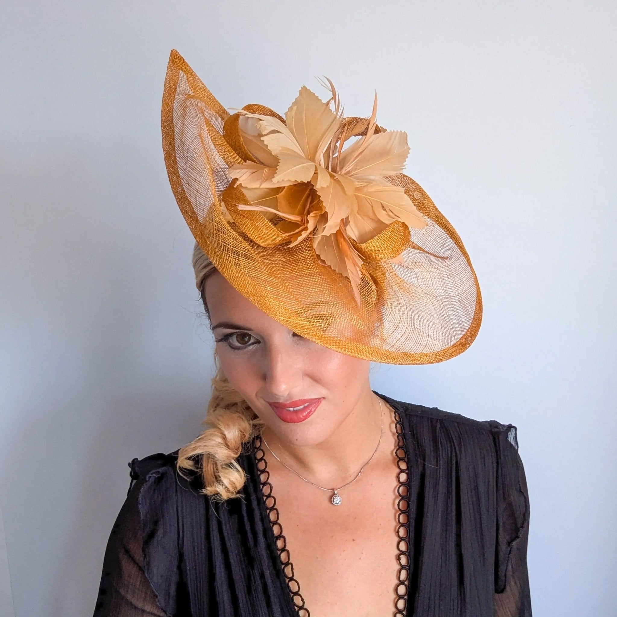 Golden yellow feather large teardrop fascinator hat - House of Hats