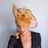 Golden yellow feather large teardrop fascinator hat - House of Hats