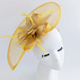 Golden yellow feather large teardrop fascinator hat - House of Hats