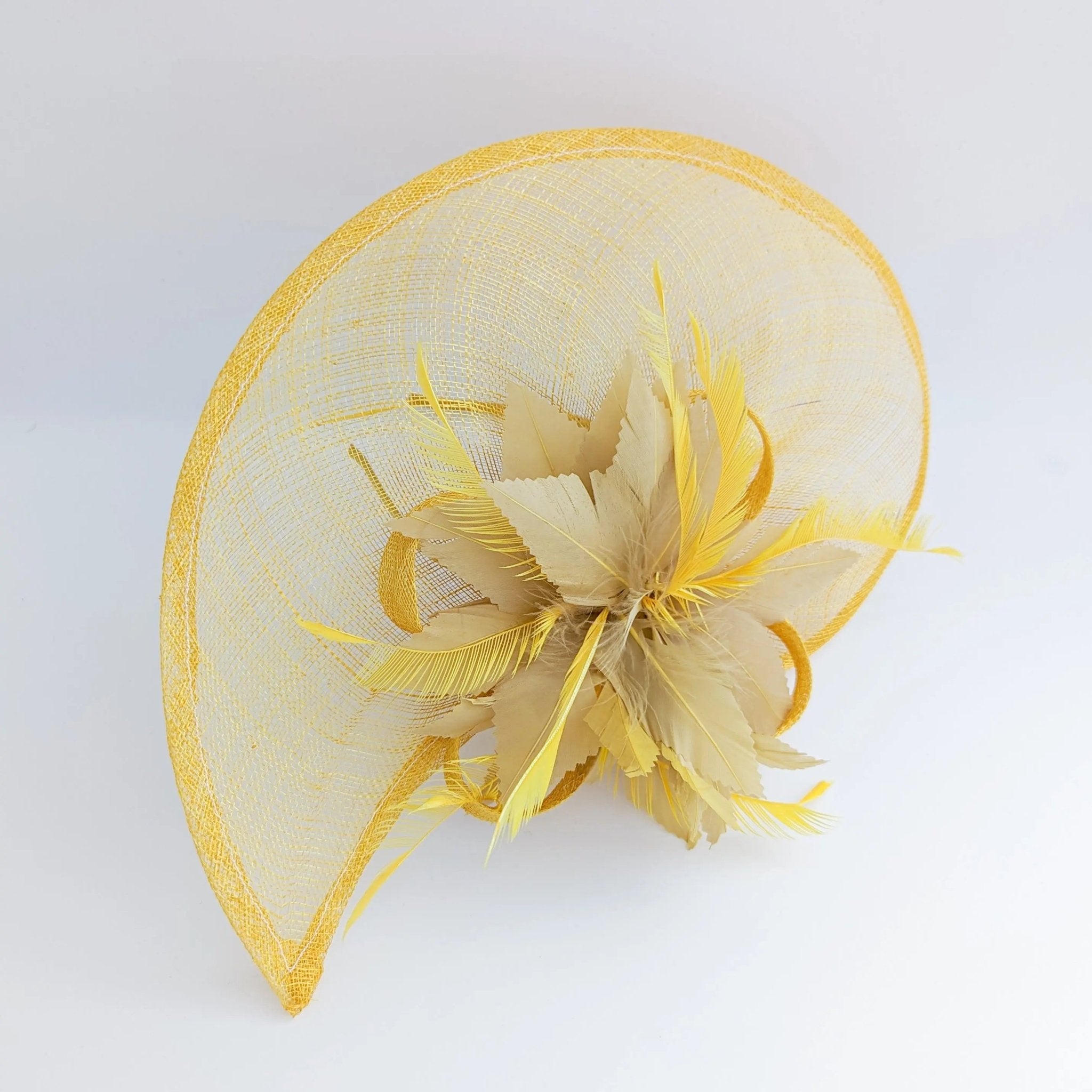 Golden yellow feather large teardrop fascinator hat - House of Hats