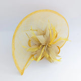 Golden yellow feather large teardrop fascinator hat - House of Hats