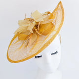 Golden yellow feather large teardrop fascinator hat - House of Hats
