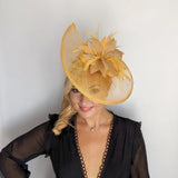 Golden yellow feather large teardrop fascinator hat - House of Hats