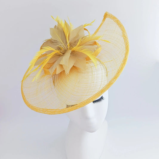Golden yellow feather large teardrop fascinator hat - House of Hats