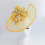 Golden yellow feather large teardrop fascinator hat - House of Hats