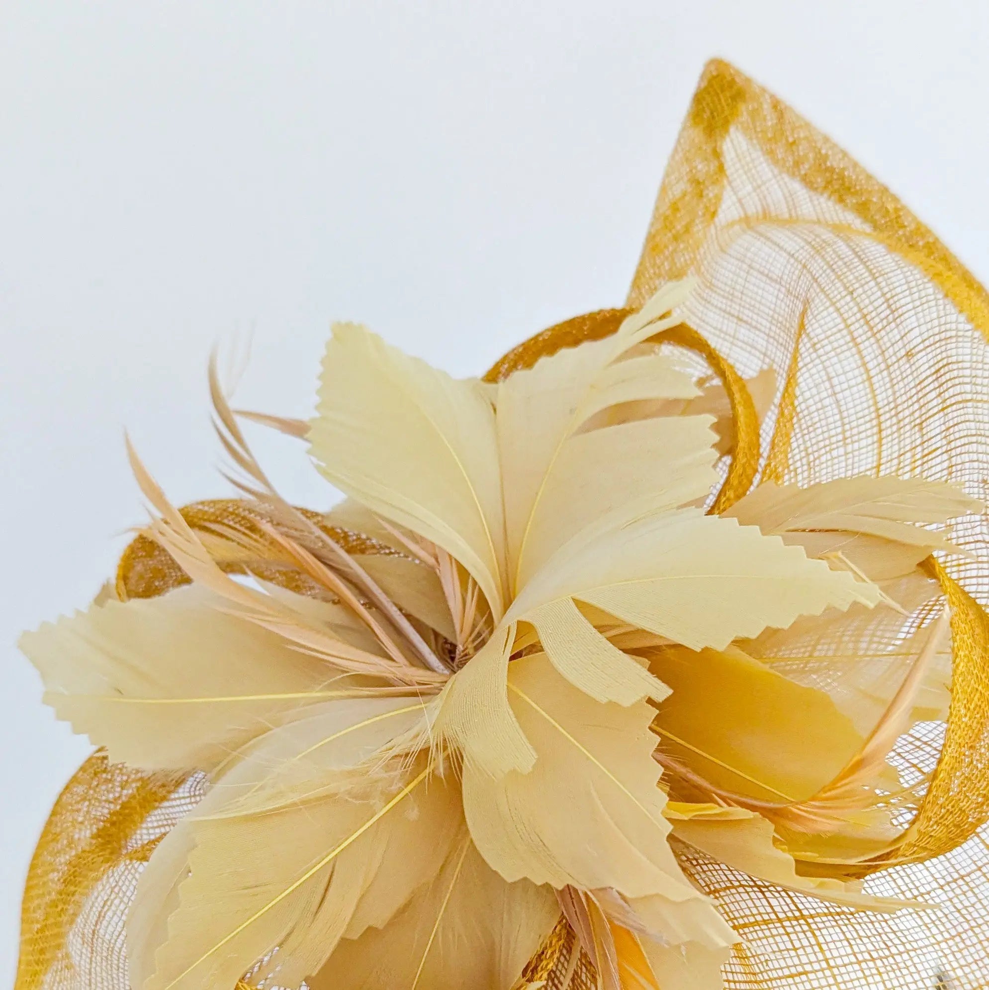 Golden yellow feather large teardrop fascinator hat - House of Hats