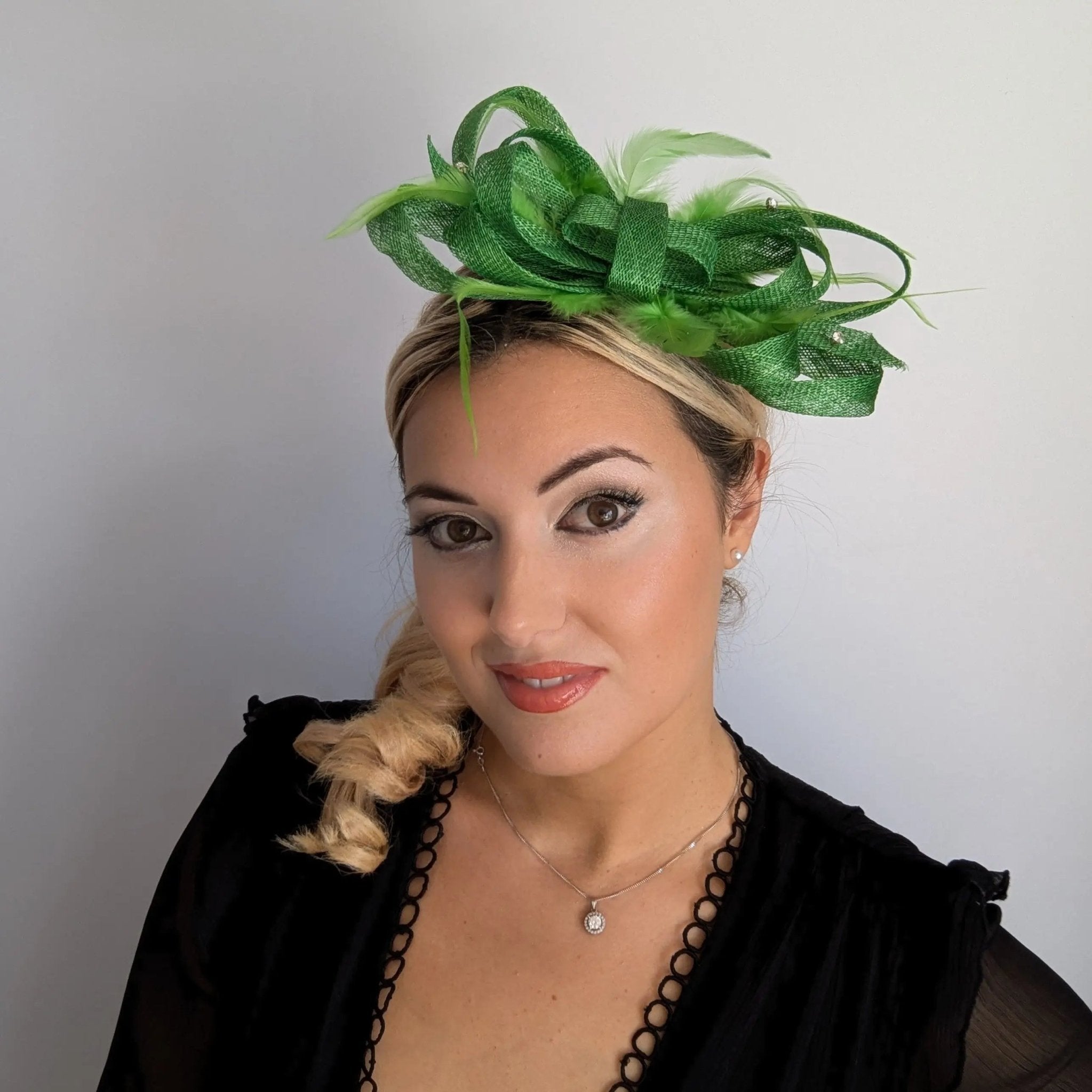 Green crystal feather fascinator hat - House of Hats