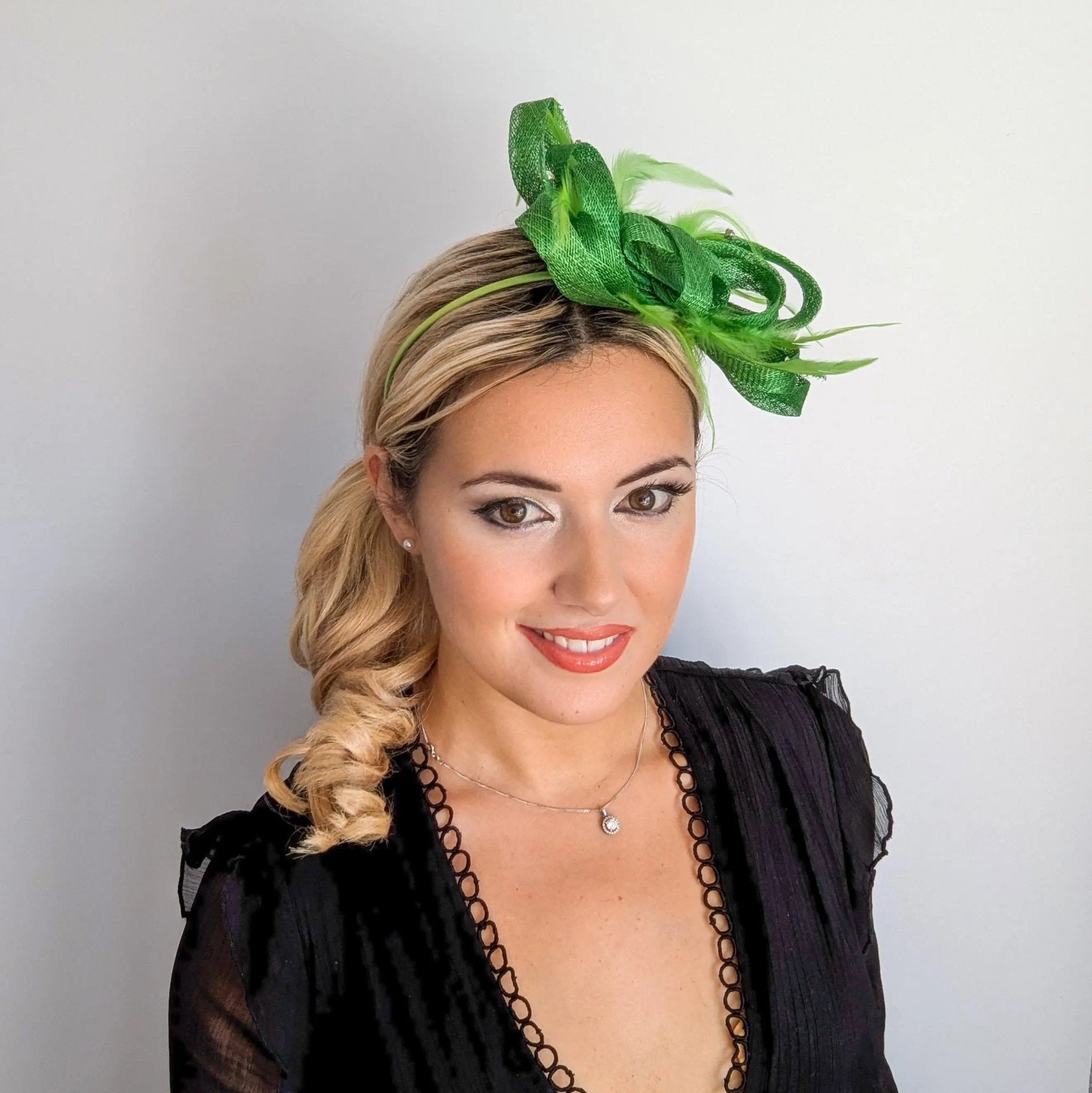 Green crystal feather fascinator hat - House of Hats