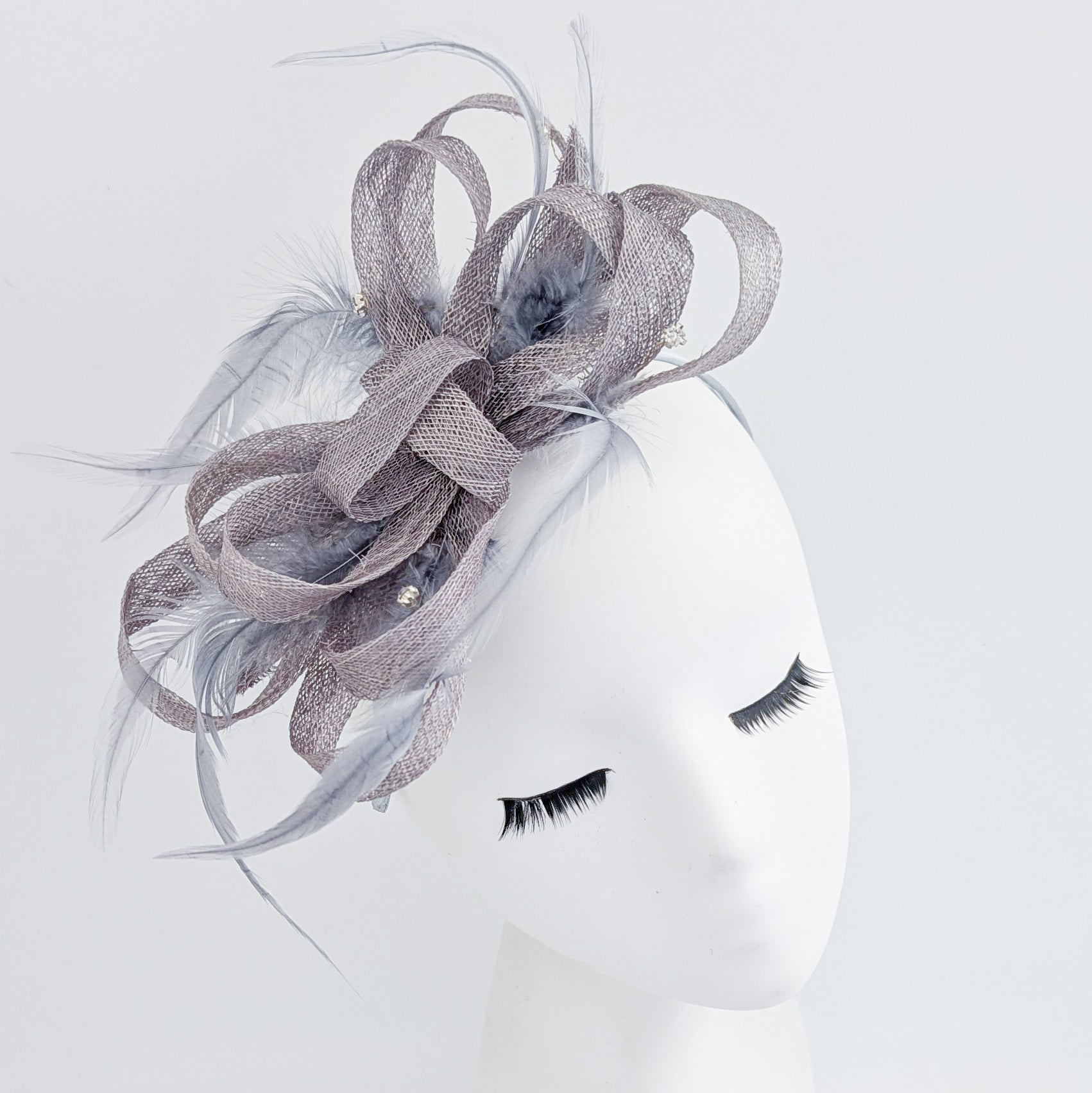 Grey crystal feather fascinator hat - House of Hats