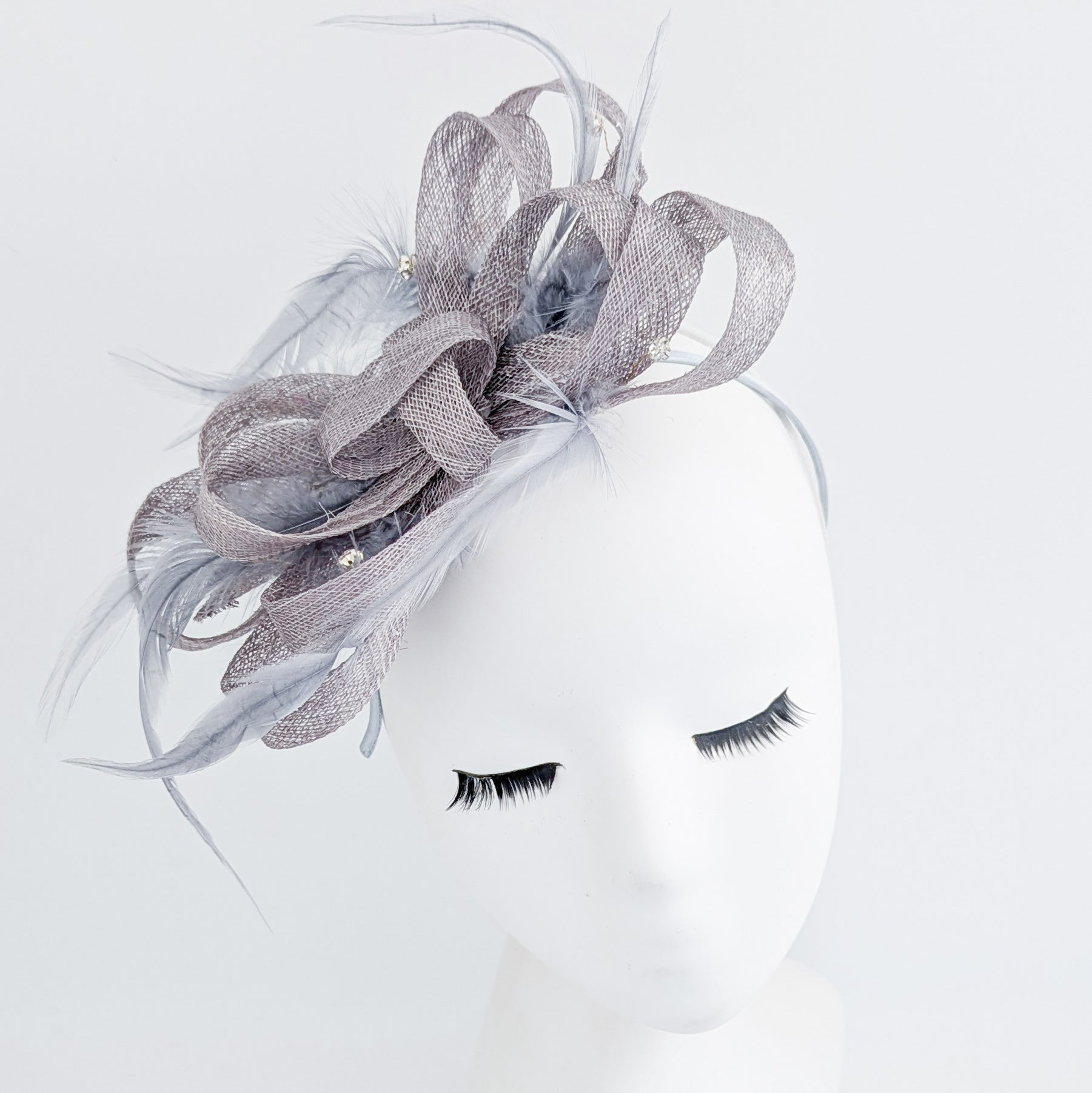 Grey crystal feather fascinator hat - House of Hats