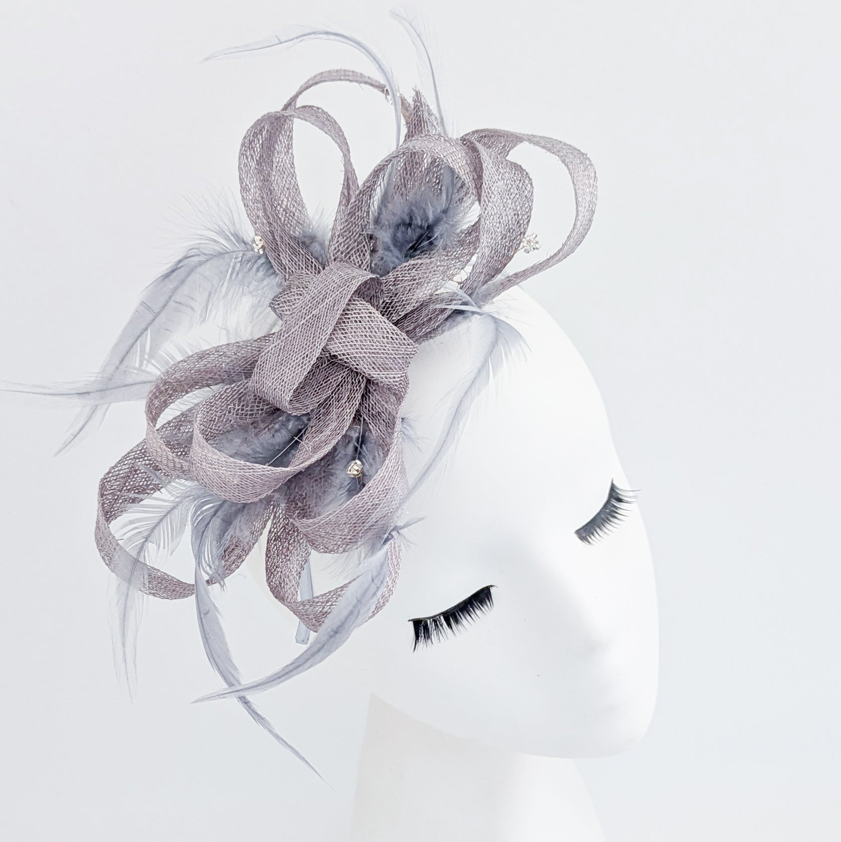 Grey crystal feather fascinator hat - House of Hats