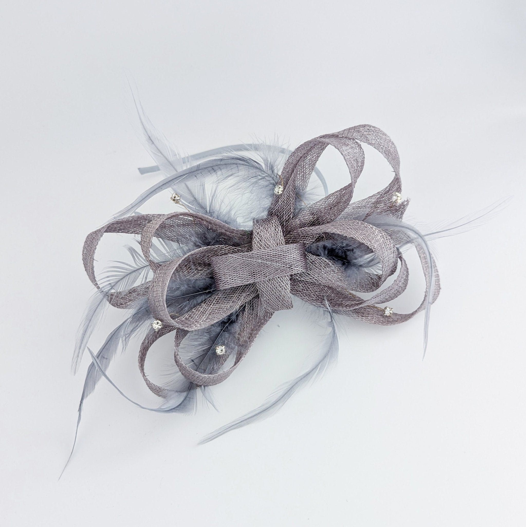 Grey crystal feather fascinator hat - House of Hats