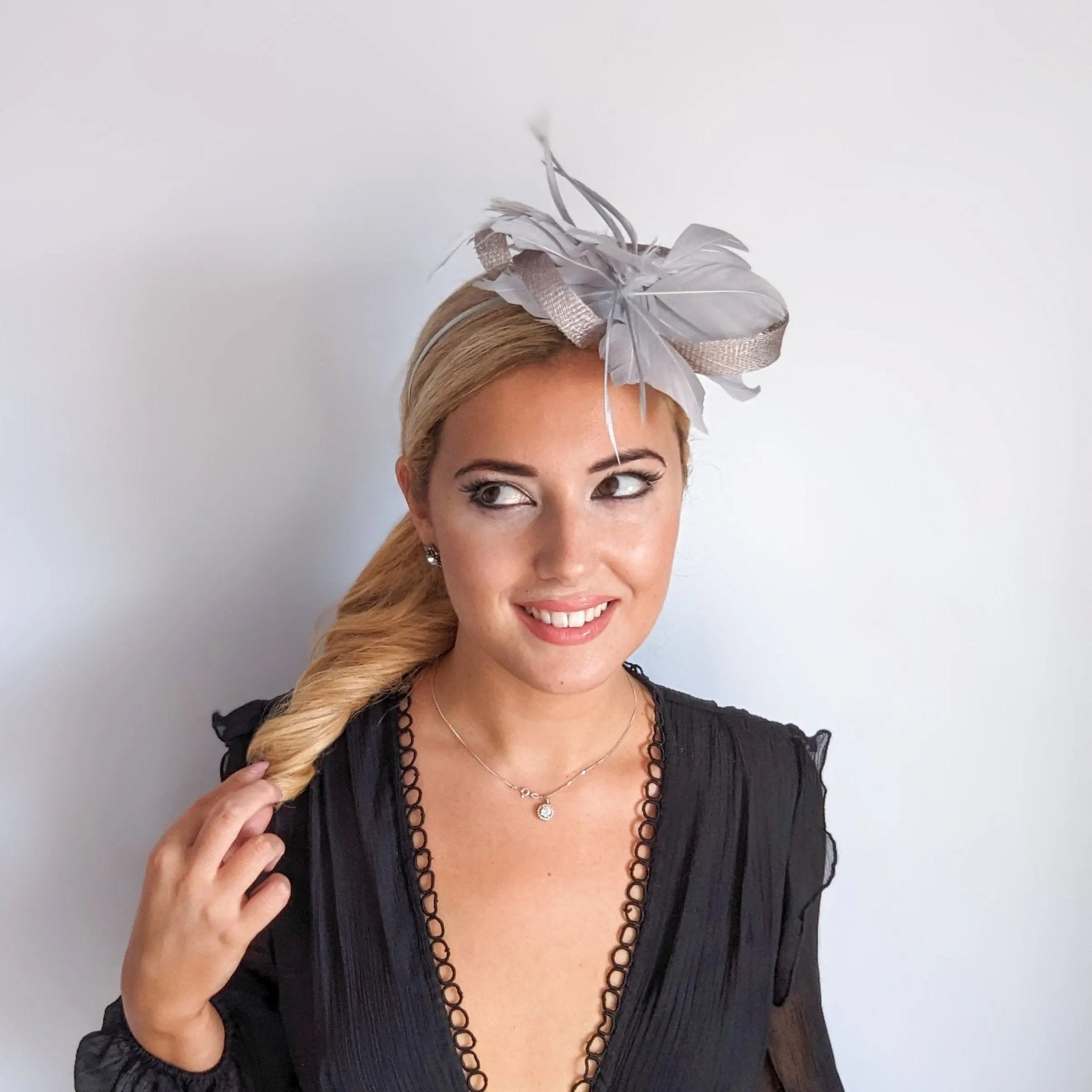 Grey feather fascinator hat - House of Hats