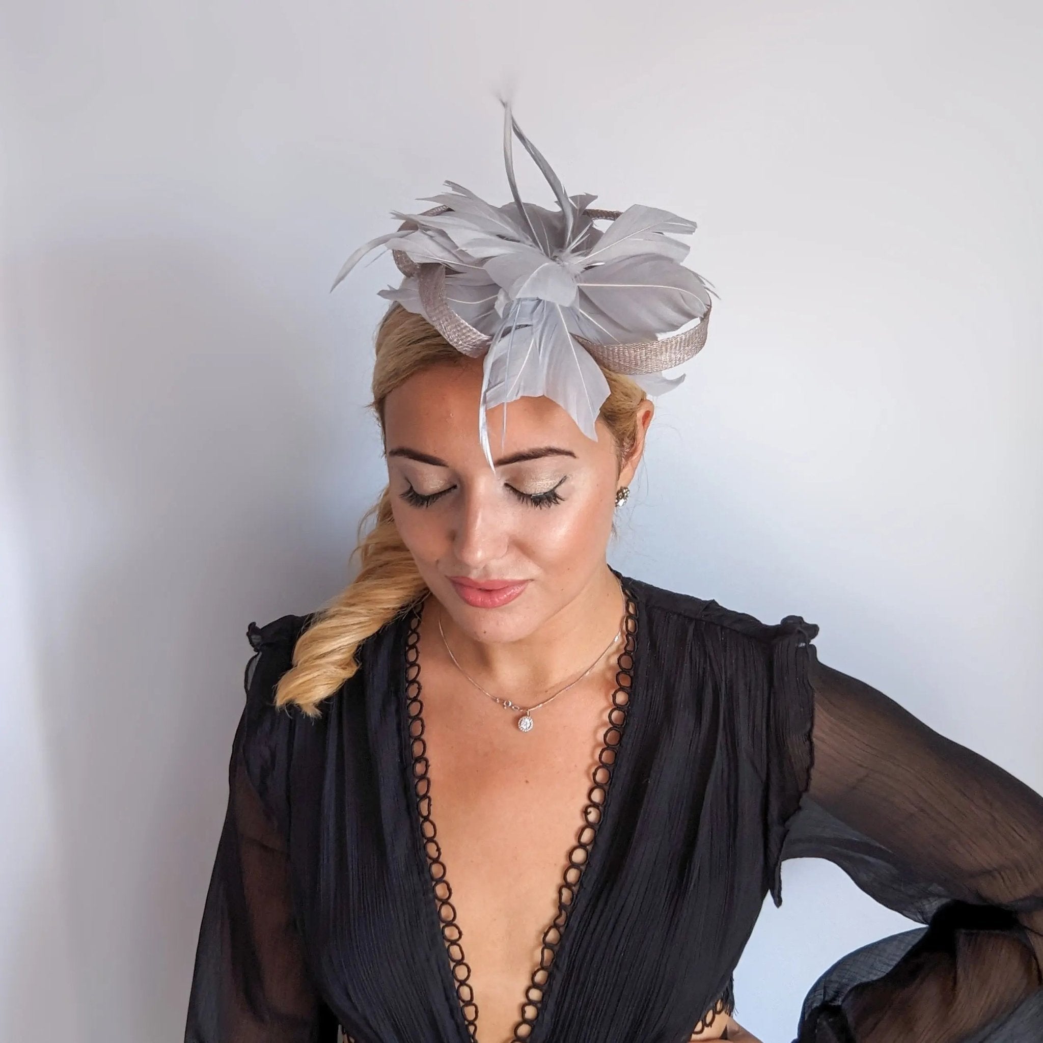 Grey feather fascinator hat - House of Hats
