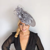 Grey feather large saucer disc fascinator hat - House of Hats
