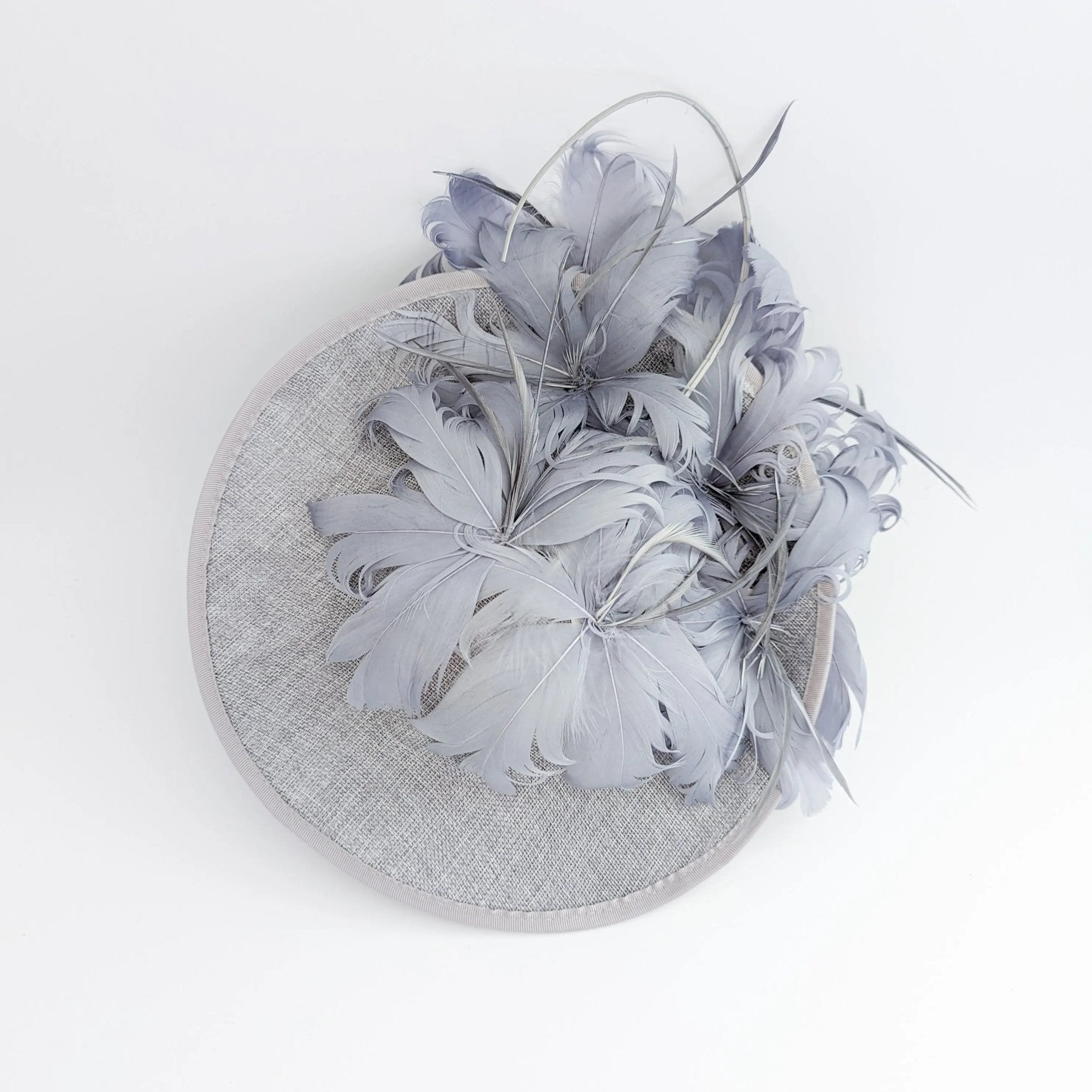 Grey feather large saucer disc fascinator hat - House of Hats