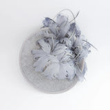 Grey feather large saucer disc fascinator hat - House of Hats