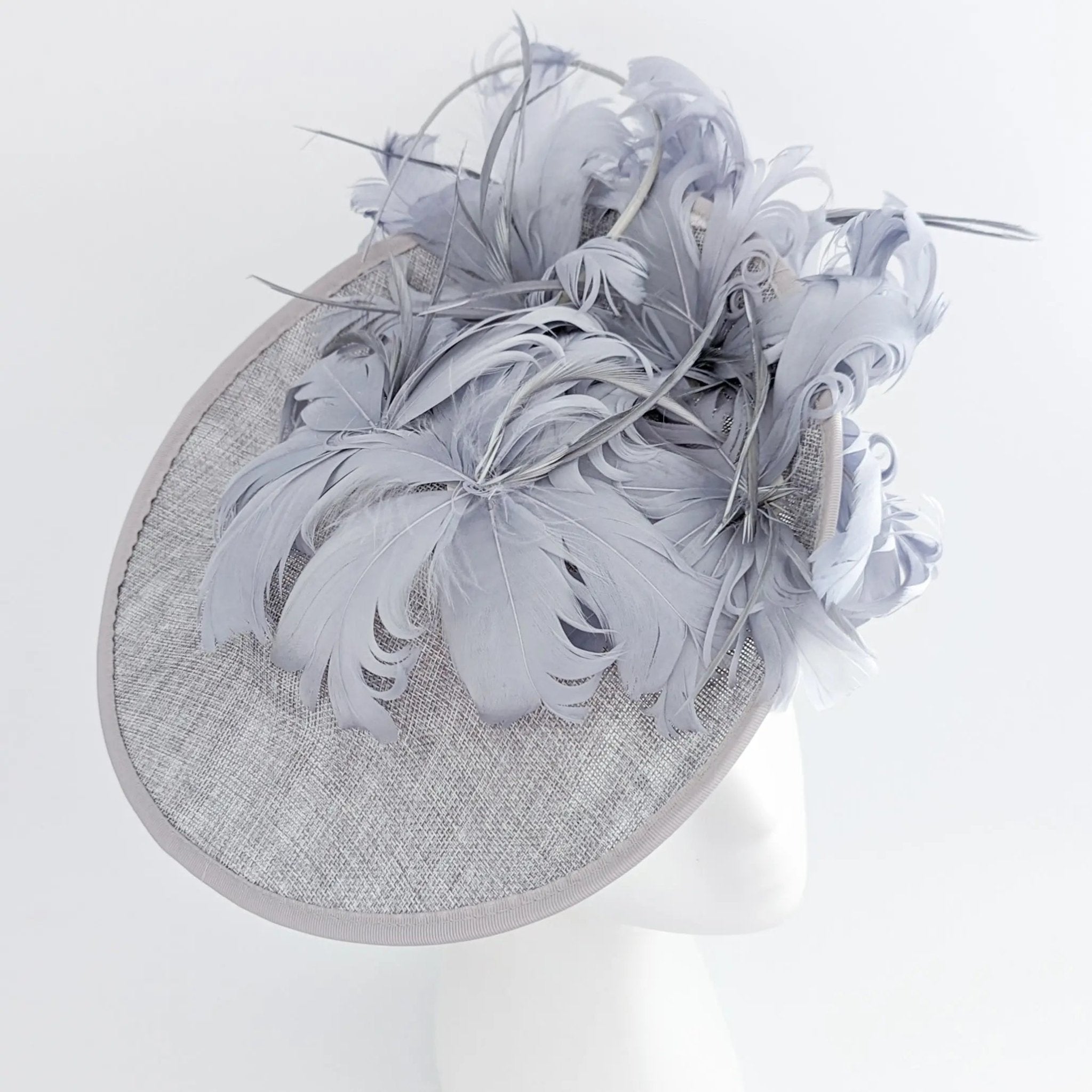 Grey feather large saucer disc fascinator hat - House of Hats