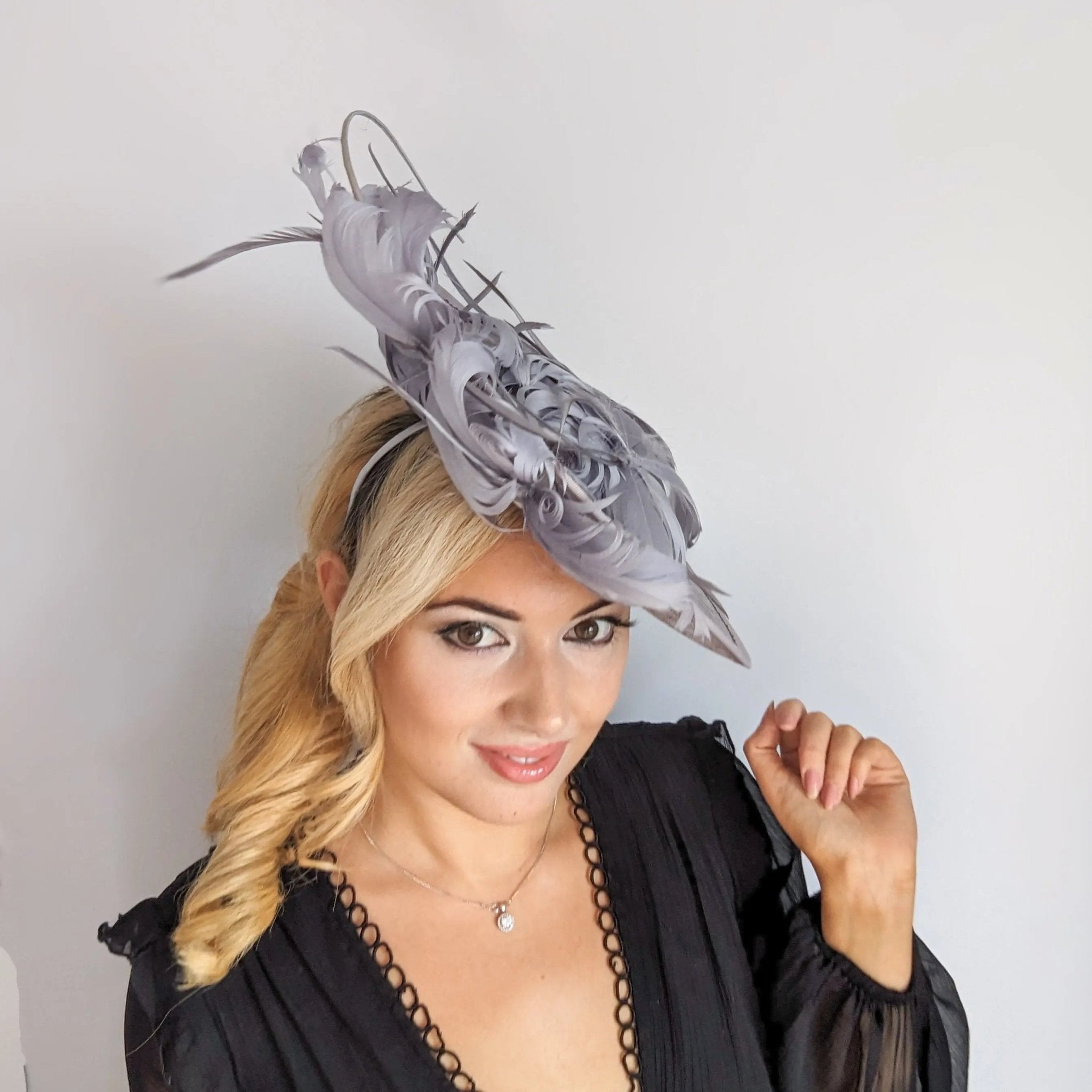 Grey feather large saucer disc fascinator hat - House of Hats