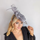 Grey feather large saucer disc fascinator hat - House of Hats